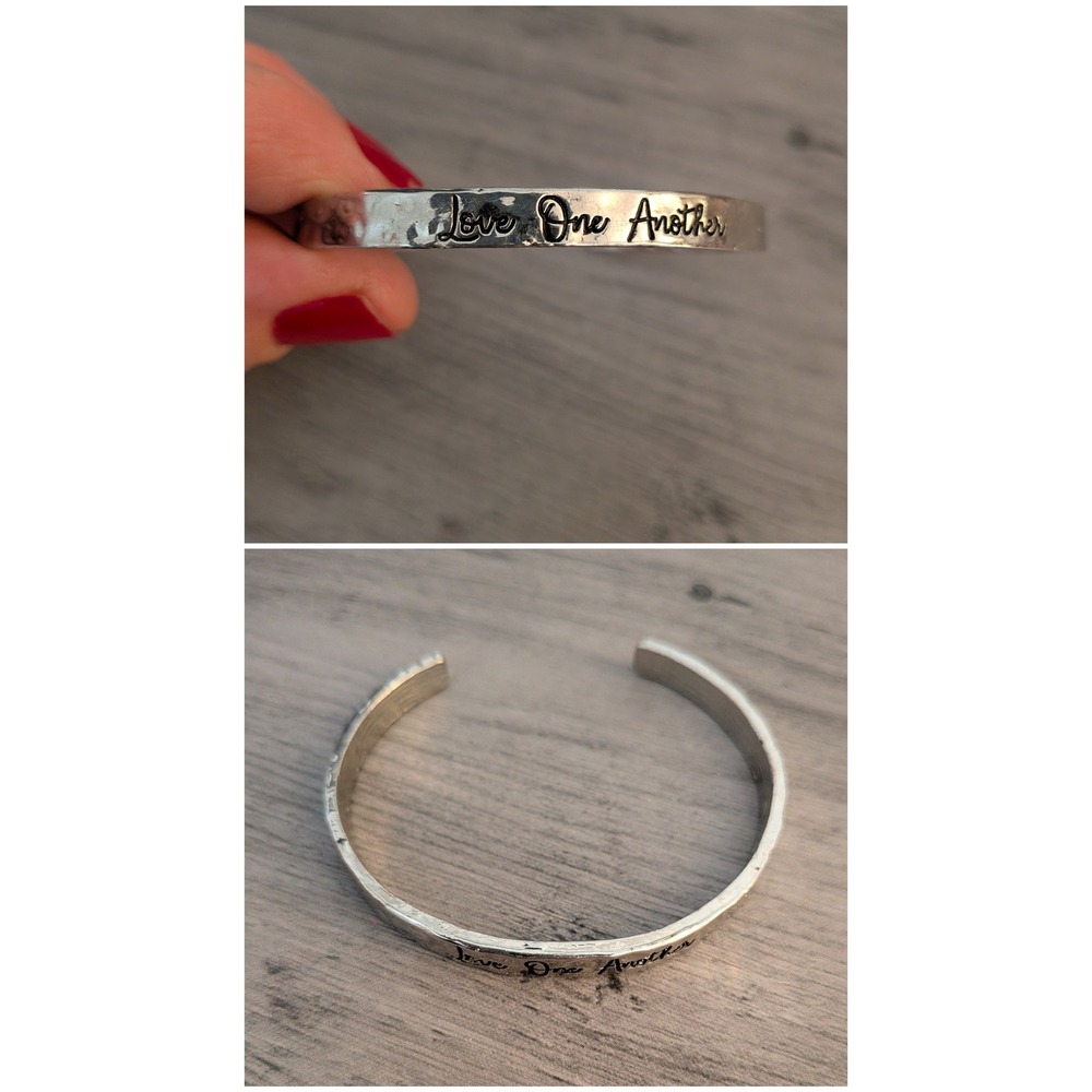 Love One Another Silver Engraved Hammered Cuff Bracelet Inspirational Jewelry